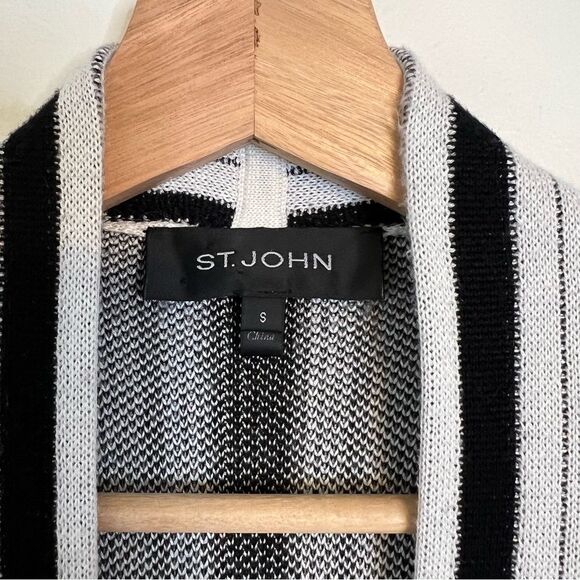 St. John Wool Cashmere Blend Open Front Cardigan Sweater Black White Stripe Sz S - Picture 4 of 10